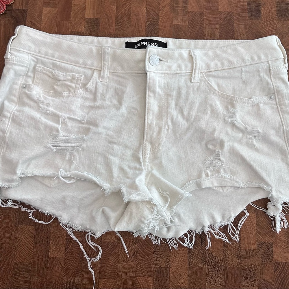 Express White Jean Shorts with Distressed Details